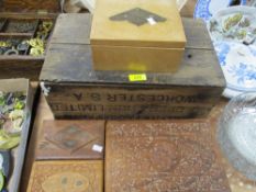 A collection of carved boxed and an advertising box for Worcester co-operation.