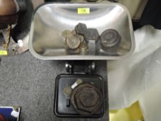 A vintage set of kitchen balance scales with weight set