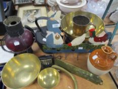 A 19th century bell metal tankard, three Oriental brass bowls, cast kettle, painted metal decorative