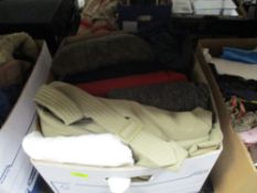 A box of mixed vintage and retro gents clothing, including coat, tweed jacket and more.