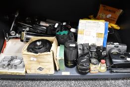 A selection of modern photography equipment and accessories including Yashica and Miranda lens