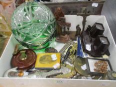 A Mauchline ware aide memoir (Chatsworth Derbyshire) a green cased cut-glass mushroom lamp cover,