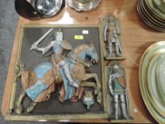 Three mid century Marcus Designs plaster plaques with medieval imagery