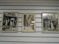 Two machine woven images of 18th century life and a similar print