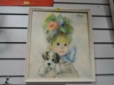 A vintage mid century kitsch picture of a girl with puppy