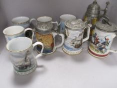 A selection of modern porcelain tankards including Grand National, Lawn Tennis and RAF interest