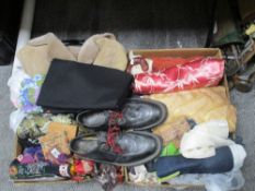Two boxes of mixed ladies clothing, accessories and materials, including shoes, umbrella, jackets