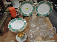 A set of six German porcelain cake plates, five fine clear cut crystal glass tumblers and assorted