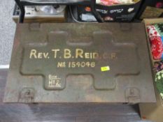 A vintage green painted military style ammunition box, named to Rev T Reid. C.F personal kit &