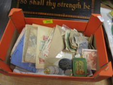A selection of mixed bank notes, stamps and coinage, bank notes mainly European, Stamps mainly