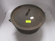 A cast-iron cauldron type cooking pot, of cylindrical form with domed cover, angular handles and