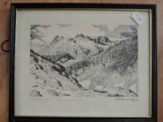 Alfred Wainwright, (1907-1991), after, a print, Langdale Pikes from Lingmoor Fell, signed, 17 x
