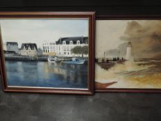 A Renwick, (contemporary), an oil painting, harbour scene, signed, 50 x 60cm, framed, and a