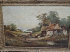 (19th century), an oil painting, thatched cottage homestead, 59 x 90cm, ornate framed, 75 x 107cm