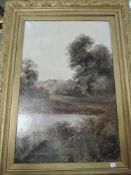 (20th century), an oil painting, woodlands pond, re-painted gilt plaster framed, 98 x 72cm, damage