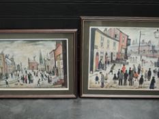 L S Lowry, (1887 -1976), after, two prints, Lancashire Village, 38 x 52cm, 51 x 65cm, and similar,