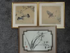Chinese, (20th century), a pair of fabric pictures, birds amidst foliage, stamped, 24 x 25cm,