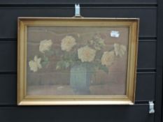 (19th/20th century), a print, textured, still life roses in vase, 20 x 30cm, gilt effect framed