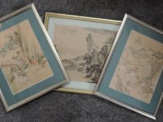 Chinese, (20th century), a pair of fabric pictures, immortals in landscapes, stamped, 35 x 25cm,