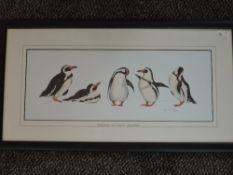 Annabel, (contemporary), after, a print, Sea Shanty penguins, 17 x 49cm, mounted framed and