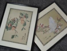 Chinese, (20th century), a pair of fabric pictures, birds amidst foliage, stamped, 43 x 30cm,