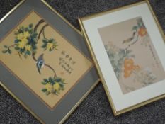 Chinese, (20th century), two fabric pictures, birds amidst foliage, stamped, 30 x 21cm, mounted