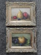 J Levin, (contemporary), a pair of oil paintings, still life fruit, signed, 11 x 16cm, ornate
