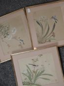 Chinese, (20th century), three fabric paintings, birds amidst foliage, stamped, a pair, 32 x 27cm,