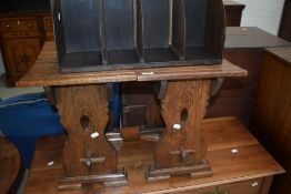 A pair of interesting priory style stools having barelled tops and a small ply corner shelf