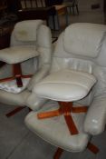 A pair of cream leather easy chairs and footstools (not stressless)