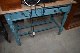 A Victorian pine part painted side table having two frieze drawers