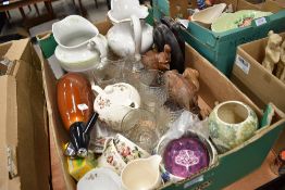 A selection of glass wares and ceramics also wooden elephant figures