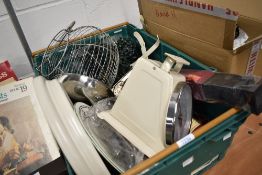 A selection of kitchen wares including balance scales