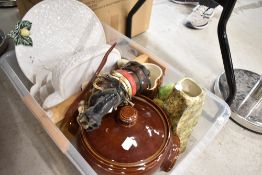 A selection of ceramics and kitchen wares including crock pot and shire horse