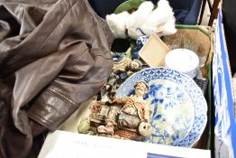 A selection of ceramics and glass wares including a leather jacket