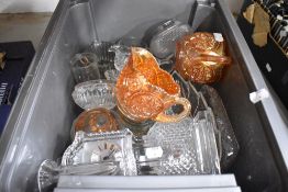 A selection of clear cut glass wares and carnival glass