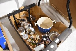 A selection of silver plated wares, a paper weight and glass bonsai trees