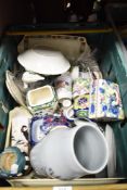 A box of mixed ceramics and glassware including Masons cheese dome, Royal Doulton 'The Falconer'
