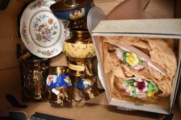 A box of mixed vintage ceramics including plates, jugs and glass vase.