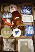 A mixed box of ceramics, including teapot and trinket boxes.