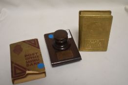 An antique maritime souvenir ink blotter made from HMS Britannia timber, along with a Post office