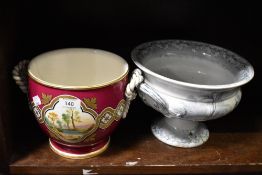 An antique plant pot having rope twist handles and hand painted panel, with a compote both being AF
