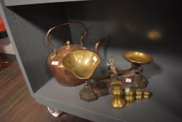 A set of Fairbanks kitchen balance scales with brass weight set and a copper stove kettle