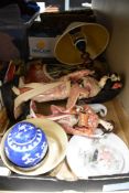 A wooden lamp, two oriental dolls on stands, ginger jar and more.