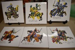 Six Spanish made tiles having transfer patterns of Earls on horseback.