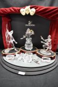 A modern Swarovski silver crystal glass figurine Masquerade set complete with stage, Pierrot,