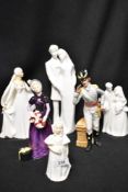 Six Royal Doulton figures. Morning Ma'am HN2895, Good Day Sir HN2896, Bridesmaid HN2874, Bride and