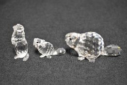 A family of three modern Swarovski silver crystal glass beaver studies