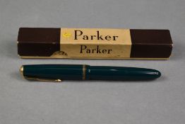 A Parker Duofold fountain pen in green with decorative band to cap having Duofold N nib in