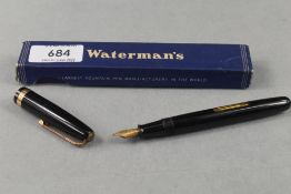A Waterman 513 lever fill fountain pen in black with single band to cap having Waterman W3 nib, in